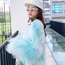 New Fashion Faux Fur Coat White and Green Flowing Long Shaggy Outerwear Women's Promotion