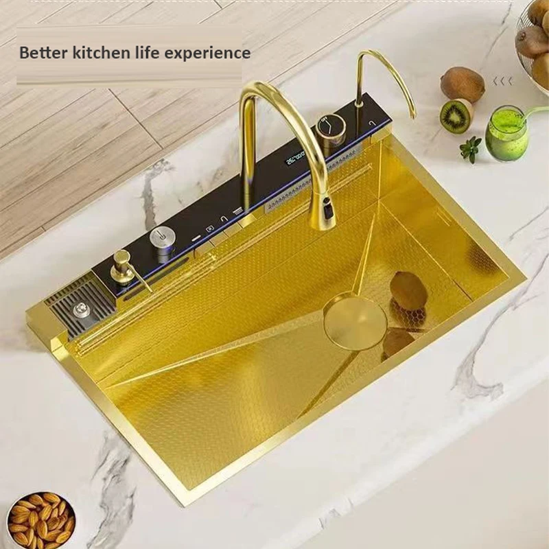 

Gold Multifunctional Kitchen Sink with Digital Display High Quality Stainless Steel Waterfall Large Single Basin with Copper Fau