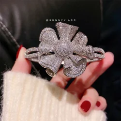 Big Flower Bracelets For Women Girl White Cubic Zirconia Luxury Fine Jewelry Temperament Bridal Wedding Bangles Accessories