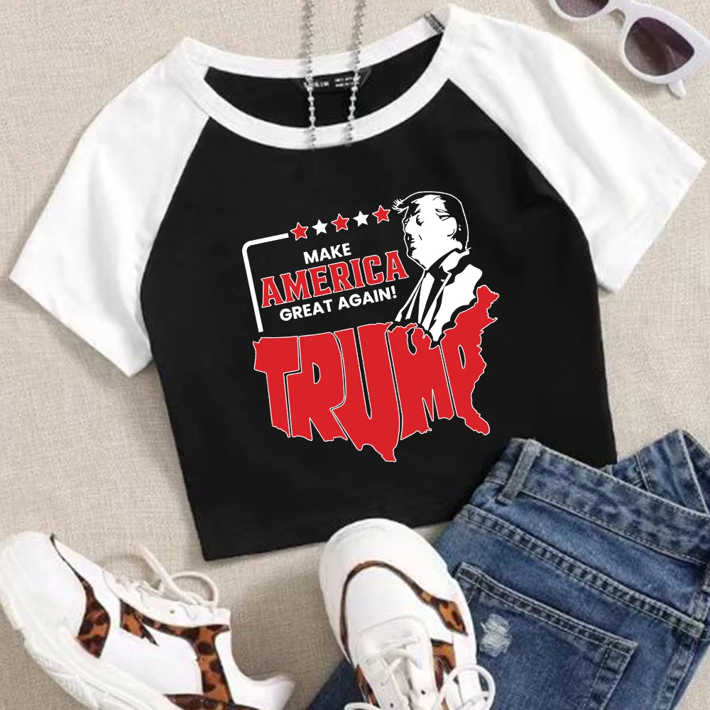 

Trump MAGA 2024 the 47th President Crop Shirt Streetswear O-Neck Navel exposed shirt