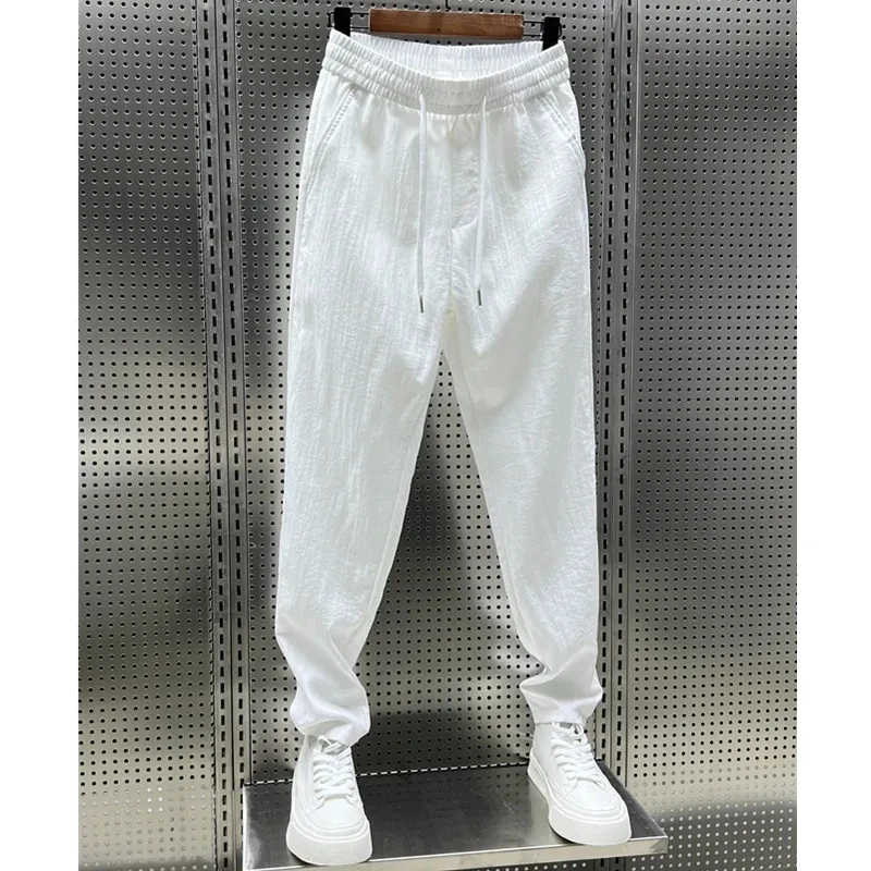 

Summer Korean Casual Pants For Man Small Foot Pants Cotton Hemp Baggy Solid Color Haren Pants Straight Nine Points Pants Homme