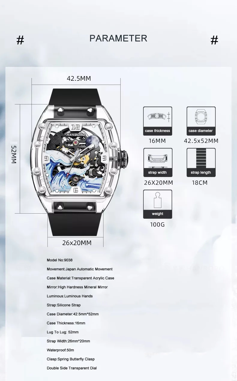 HANBORO Heren automatisch horloge Luxe mechanisch polshorloge Tonneau Transparant acryl behuizing Waterdicht Volledig lichtgevende golfwijzerplaat