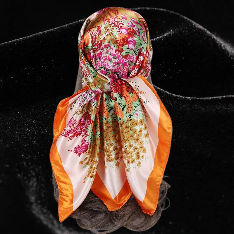 90cm Floral Print Satin Square Scarf Romantic artistic headscarf women elegant feminine accessory Lavender pink floral satin