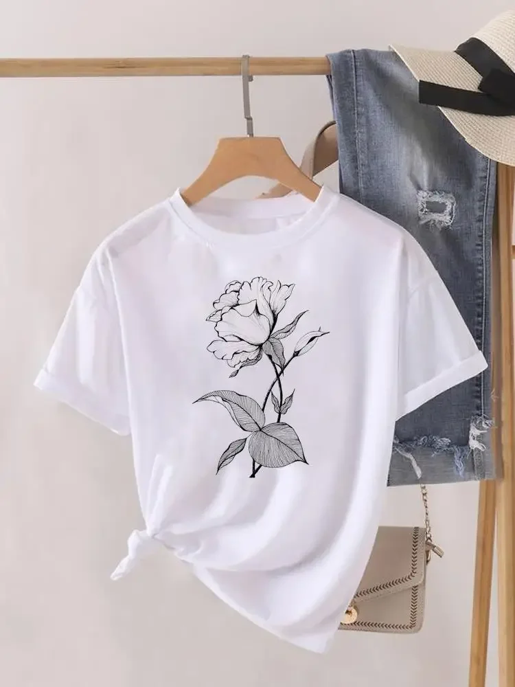 Flower Style Trend Cute Short Sleeve Print Fashion Graphic T-shirt Women Top Lady Female Shirt Tee O-neck Clothing Clothes