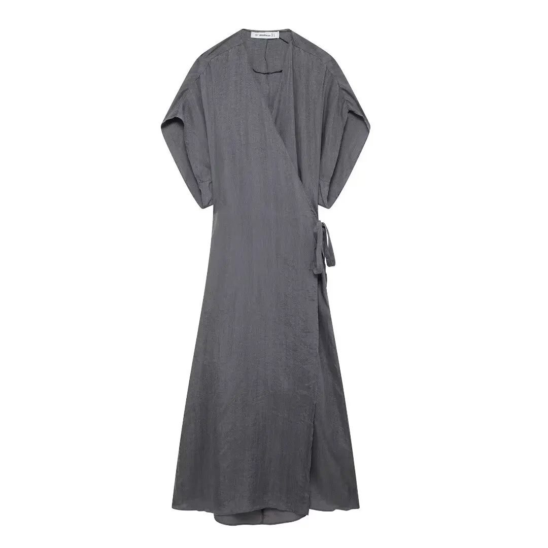 

TRAFZA Summer Female Chic V Neck Grey Solid Long Dress Women's Bow Lace-up Decoration Short Sleeve Ankle Length Dress Mujer