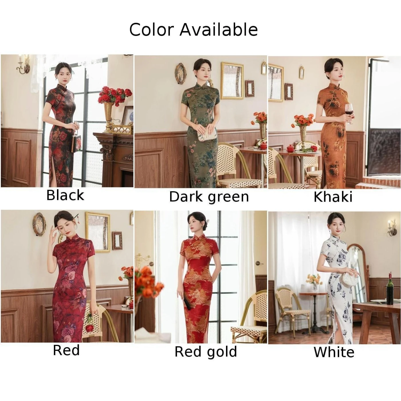 Vestido Qipao longo elegante com mancha de seda falsa para mulheres, cheongsam vermelho e dourado, festa de casamento chinesa