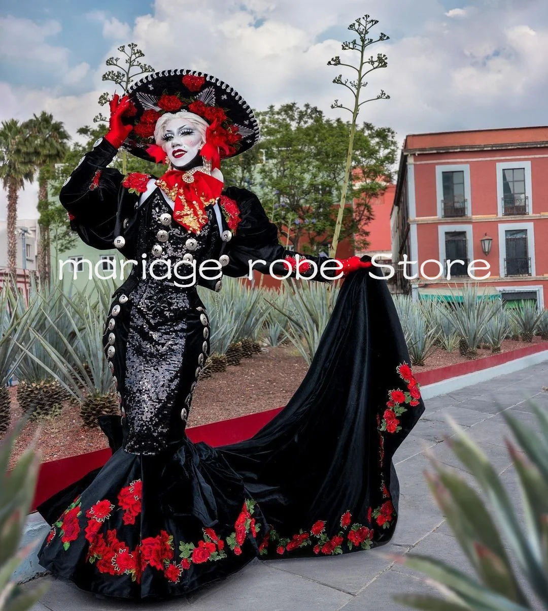 Vestidos de fiesta de Halloween de sirena brillante negro Gillter apliques chaqueta Traje Mexicano mariachi vestido de noche personalizado