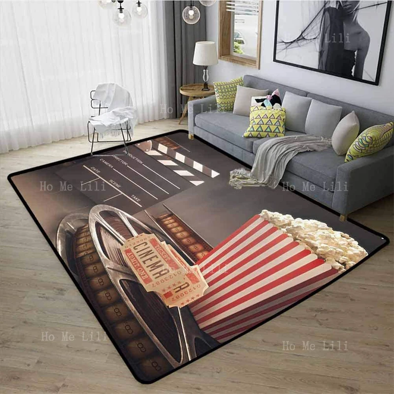 Movie Theater Flannel Floor Rugs Old Fashion Entertainment Objects Related To Cinema Film Reel Motion Playing On The Carpet