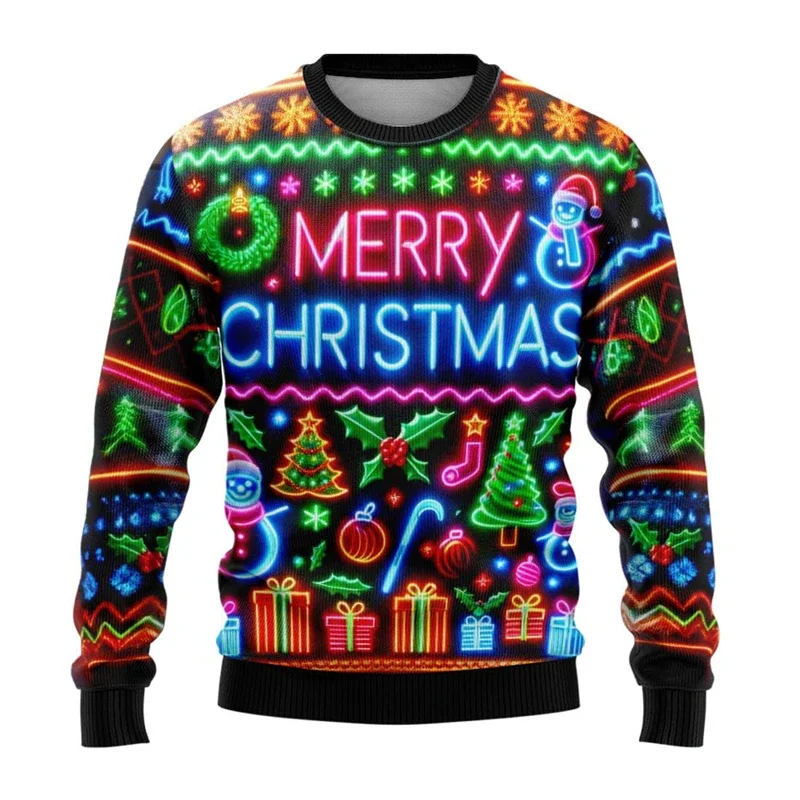 Neon boneco de neve gráfico sweatshirts 2024 feliz natal 3d impresso camisola feia para roupas femininas presentes floco de neve menino agasalho