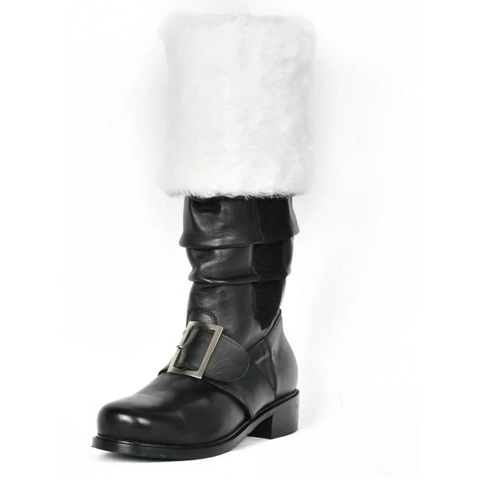 Mittelalterliche Vintage-Weihnachtsmann-Stiefel, Herren-Kampfstiefel mit weißen Plüschmanschetten, Fußglocke und Schnalle für Weihnachtsfeier, Cosplay-Stiefel – Detail 8