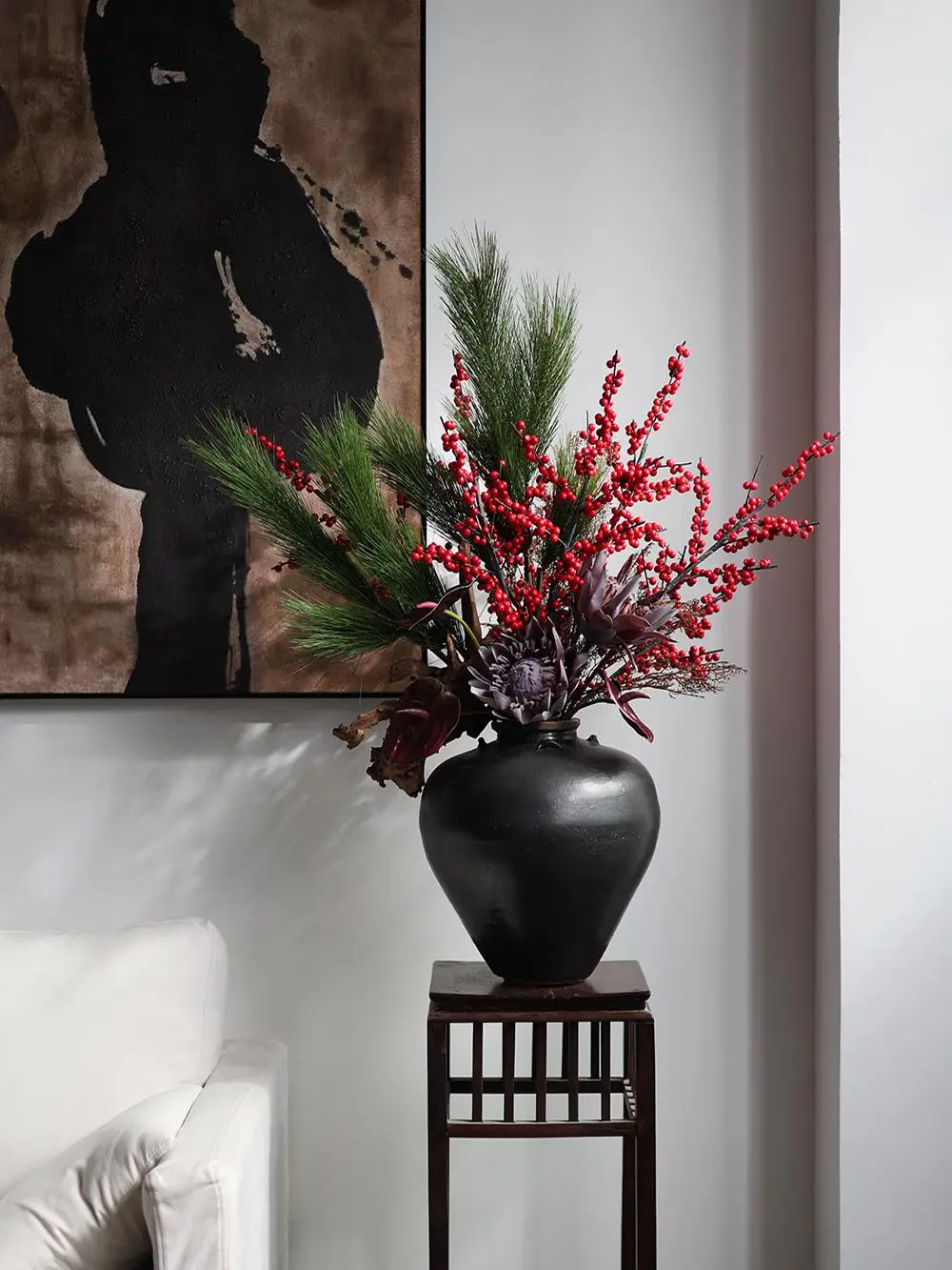 Adornos de Frutas Artificiales de Ilex Estilo Chino Rojo, Centros de Mesa, Decoraciones para Restaurantes, Artesanía Artística en Maceta de Cerámica