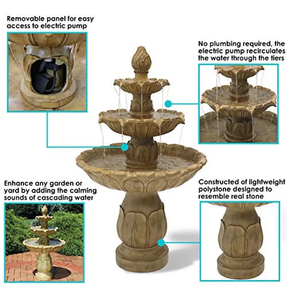 3-Tier Polystone Outdoor Water Fountain Electric Submersible Large Elegant Garden Feature Calming Sounds No Plumbing Required.