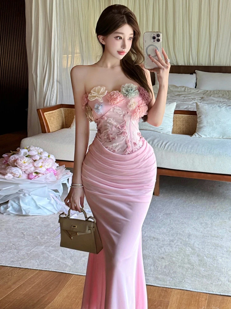 

Romantic Sexy 3D Flower Embellished Strapless High Waist Slimming Dress Elegant Goddess Style Long Evening Gown for Women