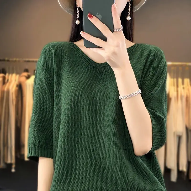 Temperament Fashion Summer New Thin Style Sweaters Women's V-Neck Solid Simplicity Office Lady Loose Half Sleeve Knitting Tops