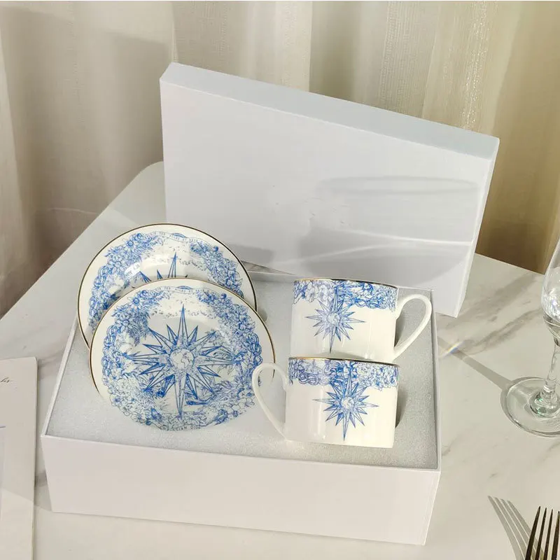 European Ceramics Coffee Cup Blue Lucky Star Dining Plate Luxury Starry Universe Tableware  Afternoon Tea Deserttray Gift Box