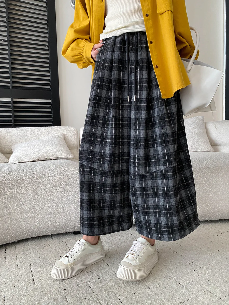 Autumn new retro lazy style contrasting plaid curved knife wide leg casual pants