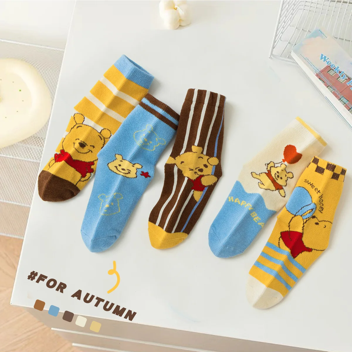 5 Pairs Winnie the Pooh Bear Kids Socks 1-12 Years Kawaii New Fall Winter Cartoon Boy Children Mid-calf Socks Cotton Sock Boys