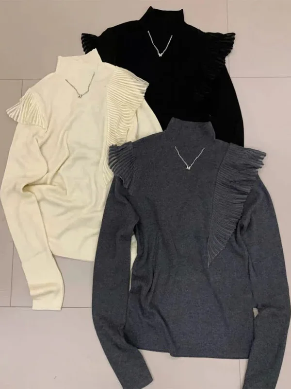 

Новый весенний женский вязаный шерстяной свитер с длинными рукавами, оборками, приталенный, с высоким воротником, для повседневной носки, средней толщины