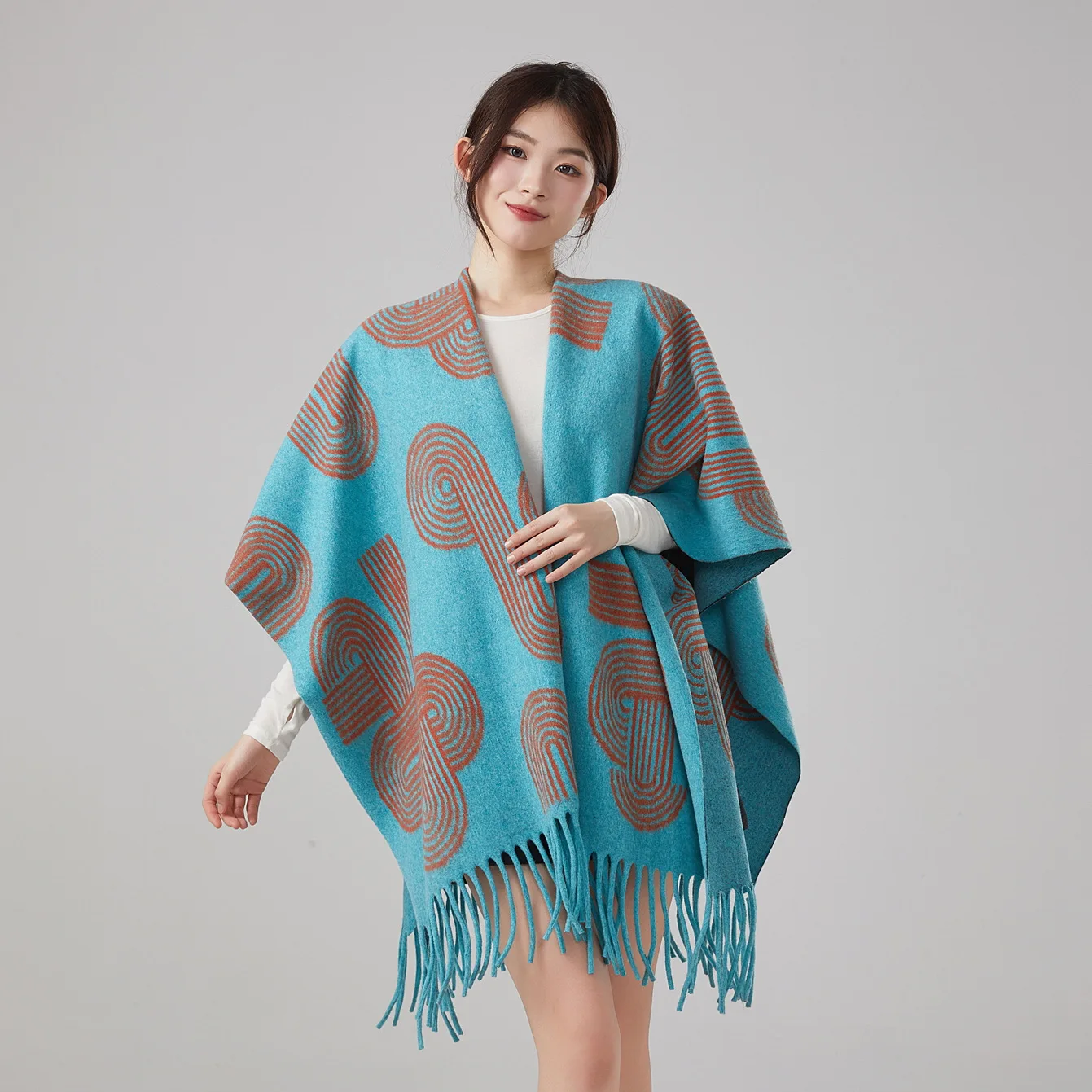 جديد ريترو ليوبارد طباعة شرابة التفاف معطف المرأة ملابس خارجية الراقية سميكة الدافئة ميرينو الصوف على غرار رداء الرأس P1