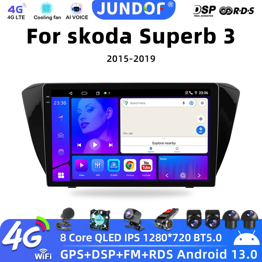 JUNDOF 2 Din Android 13 For Skoda Superb 3 2015-2019 Car Radio Multimidia Video Player Stereo Carplay WIFI Auto DVD QLED Screen