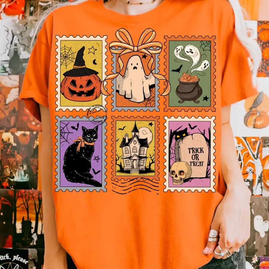 Sello femenino Retro de gato fantasma de Halloween, pegatina de transferencia de calor termoadhesiva, camisetas, sudaderas, bolsa, ropa, decoración de fiesta