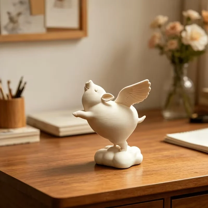 Newest 3D Printed Flying Winged Pig Statue on Cloud Base White Ceramic Pig Sculpture Tabletop Home Decor Ornament