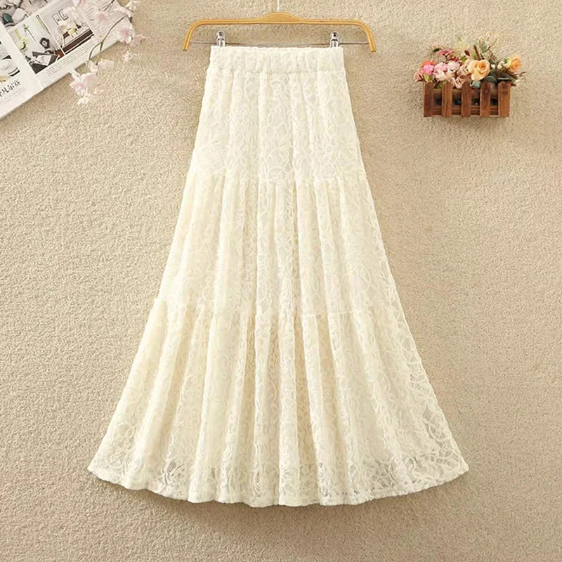 

Vintage Crochet Hollow Out Long Lace Skirt for Women New Elegant Solid All-match A Line High Waist Long Skirt Female P477