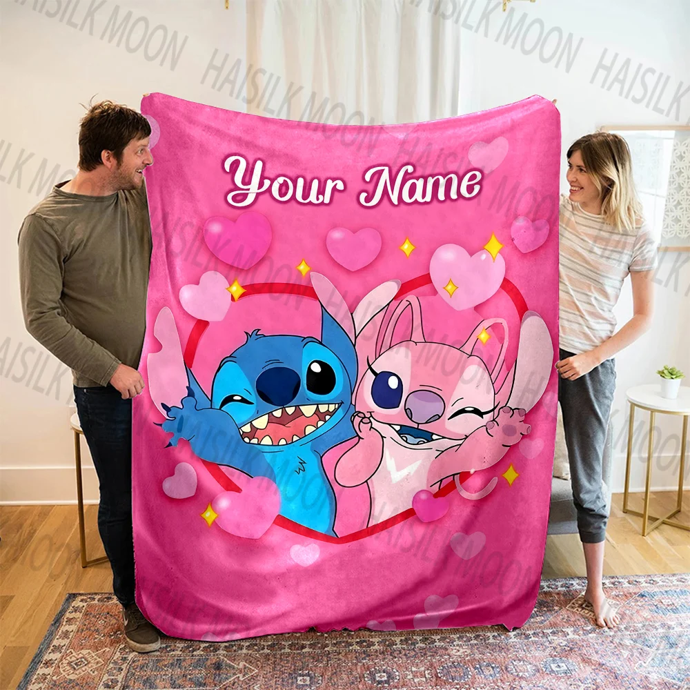 (Memo U Name) Customized Name Stitch and Angel Printed Blanket All Seasons Multi-purpose Blanket Suitable for Sofa, Travel, Car