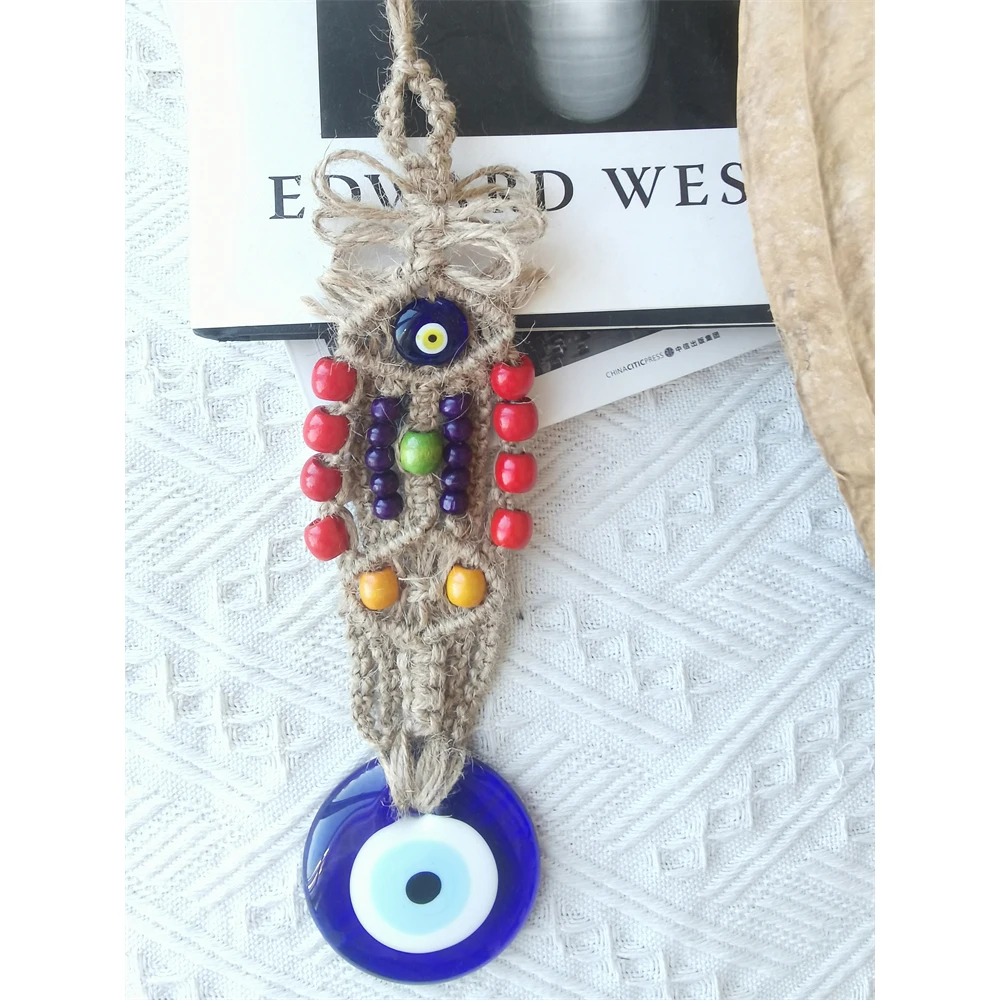 Lucky Eye Glass Blue Turkish Evil Eye Pendant Wall Hanging Macrame Handmade Decoration for Home Living Room Car Gift Home Decor