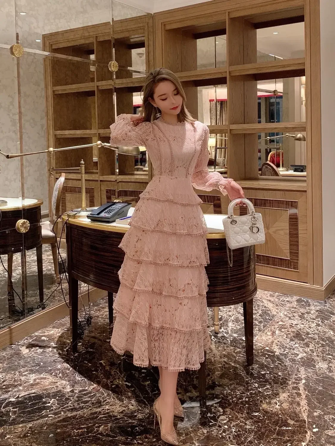 2024 Vintage Spring Women Lace Embroidery Sweet Ruffles Layered Midi Long Dress Elegant Princess Party Holiday Dress Vestidos