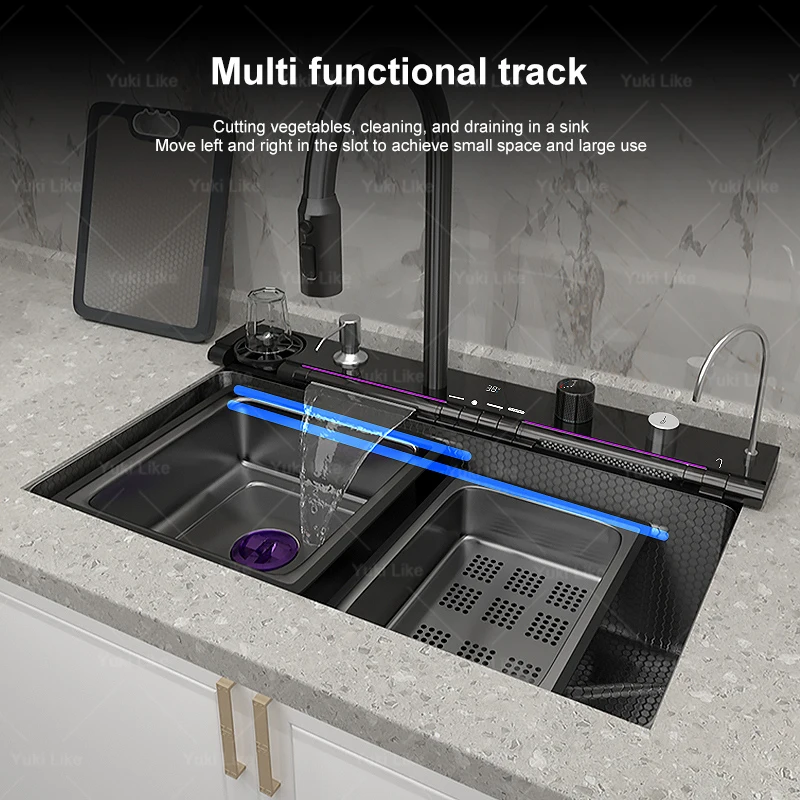 حوض مطبخ شلالي من الفولاذ المقاوم للصدأ ، فتحة واحدة كبيرة متعددة الوظائف ، حوض غسيل بشاشة رقمية مدمجة ، جديد