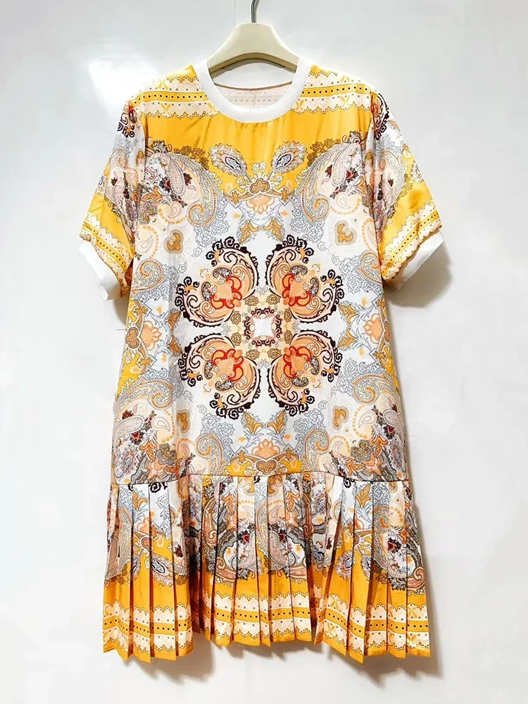 Designer retro impressão geométrica em torno do pescoço pulôver camiseta vestido 2025 verão vestido feminino solto plissado saia inchada