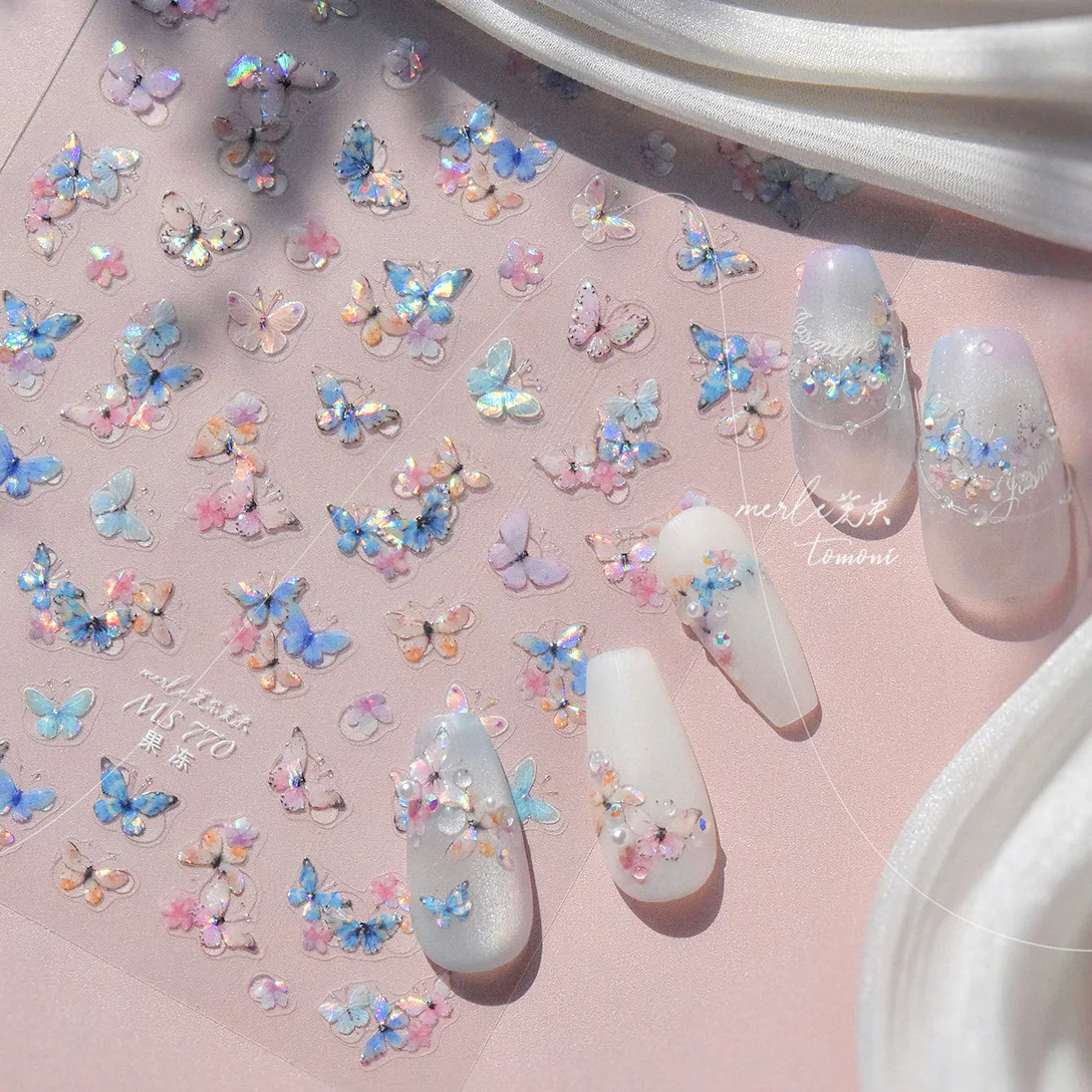 Vibrant Purple Holographic Butterfly 5D Nail Art Sticker Enchanting Metallic Wings Self Adhesive Decoration Manicure Decal DIY