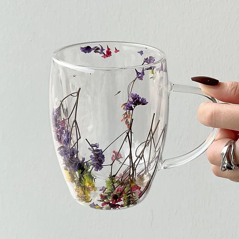 Dried Flower Filler Glass Cup Creative With Handles Heat Resistant Coffee Cup Double Wall Mug