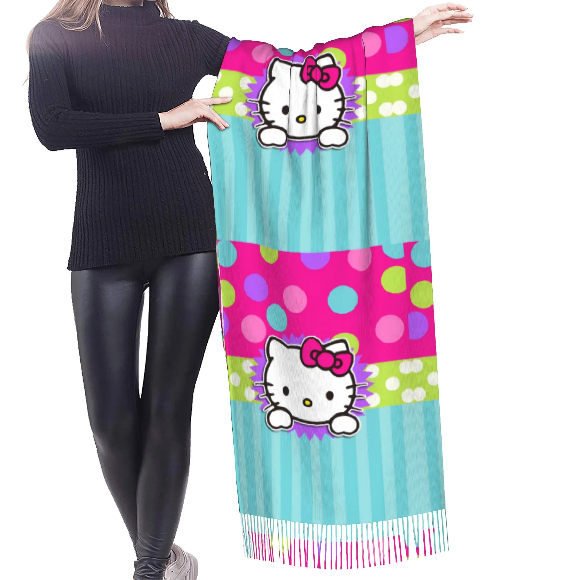 Custom Kitten Cat Cartoon Tassel Scarf Women Soft Anime Shawls Wraps Lady Winter Scarves