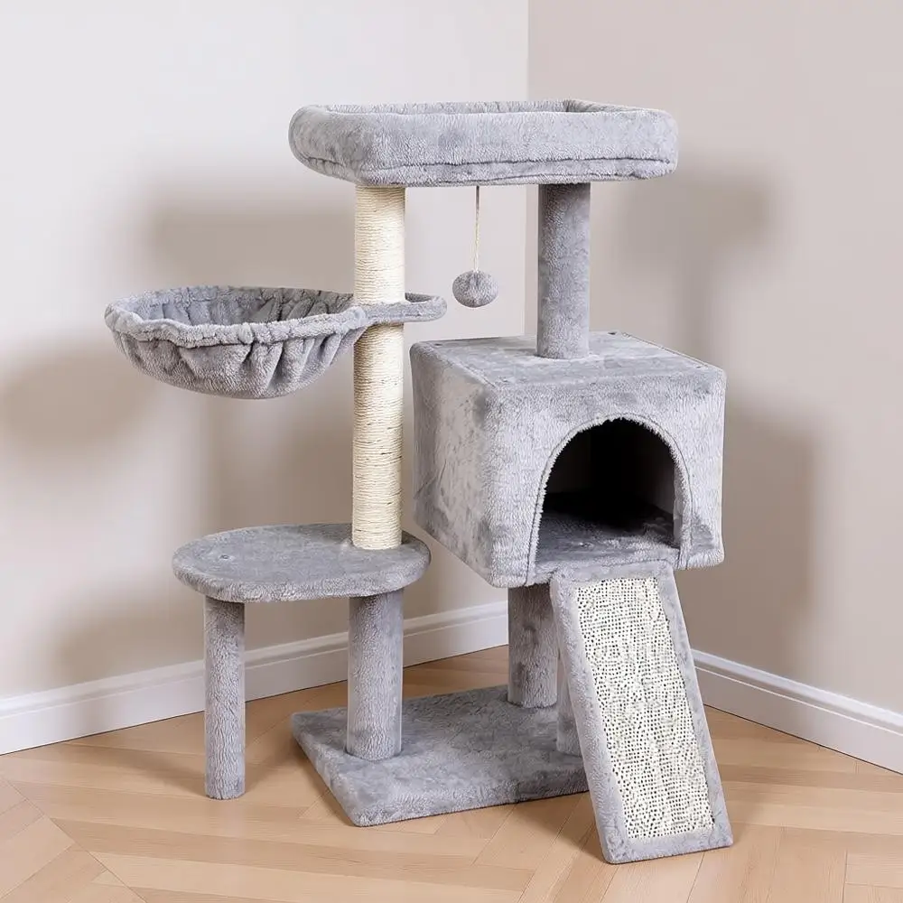 

Cute Cat Tree Kitten Tower Indoor Cat Condo Sisal Scratching Posts Jump Platform Cat Furniture Activity Center Play House Grey