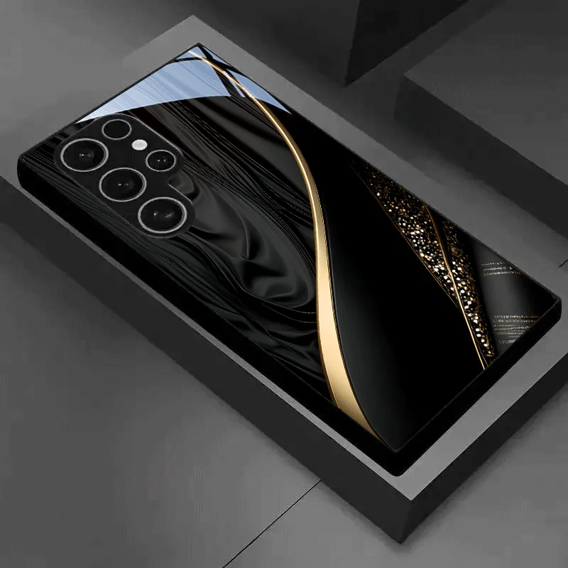 Black Golden Interwoven Satin Art Tempered Glass Phone Case Black for Samsung GalaxyS26 S25/S24/S23/S22/S21/S20/Note 20