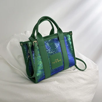 Women Party Tote Bag PU Leather Sequins Top-Handle Bags Casual Fashion Shiny Portable Adjustable Straps Shopper Tote Purse