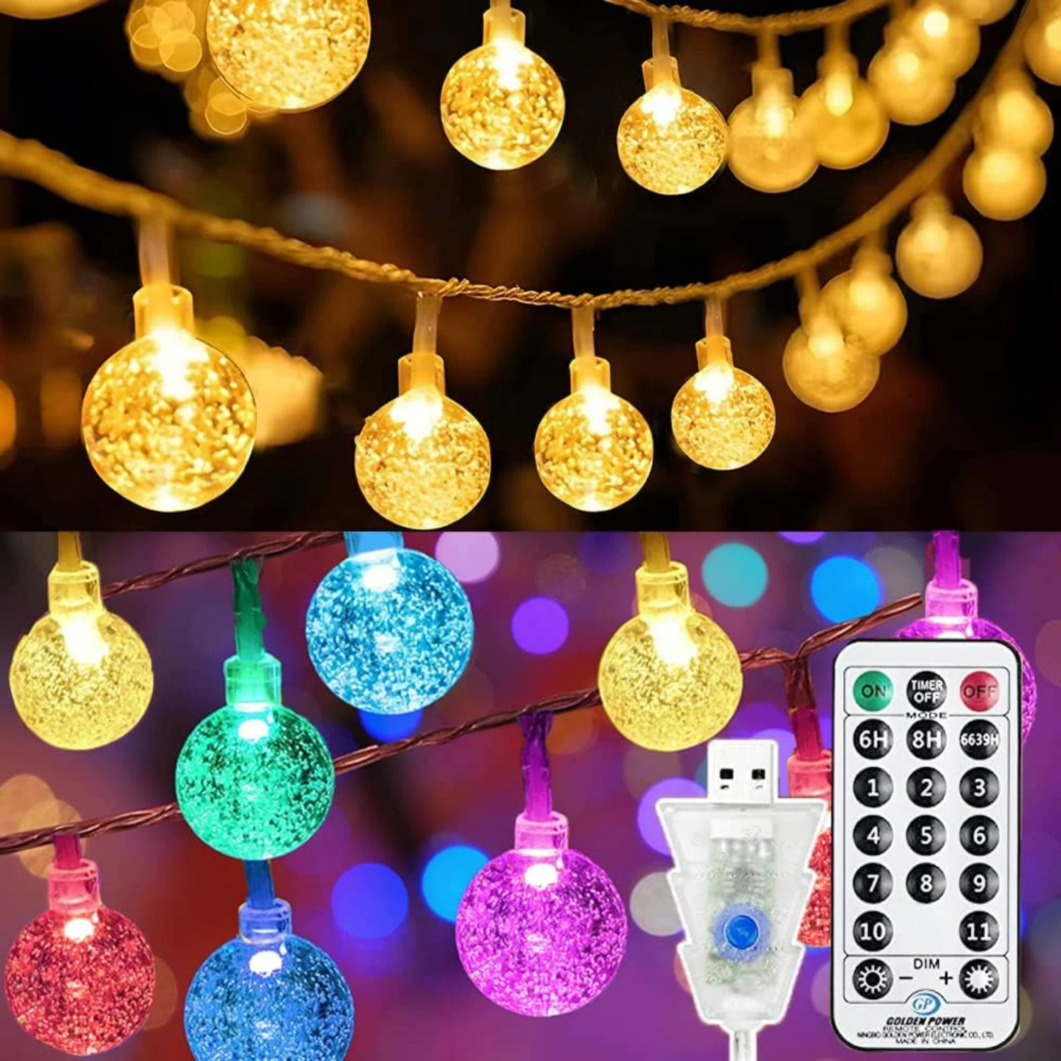 

Warm White to Multicolor Color Changing 40ft Globe String Lights Indoor with Remote Control - 80 LEDs Hanging Lights for Bedroom