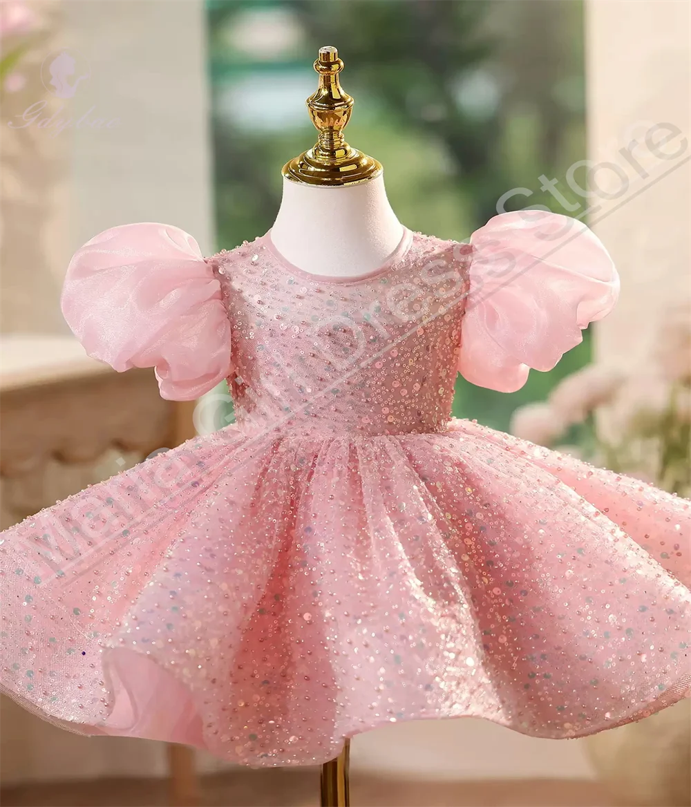 Flower Girl Dress Sequin Beauty Pageant Puff Short Sleeves Children Wedding Event Photography Performance Dress
