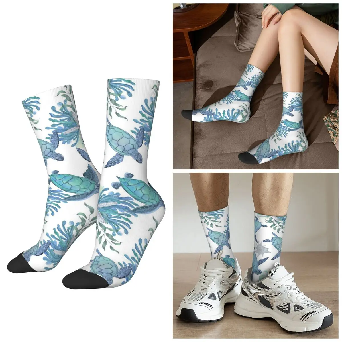 

All Seasons Ocean Sea Turtle Starfish Shell Print Socks Harajuku Sport Middle Tube Socks Casual Stockings for Men Women Gifts