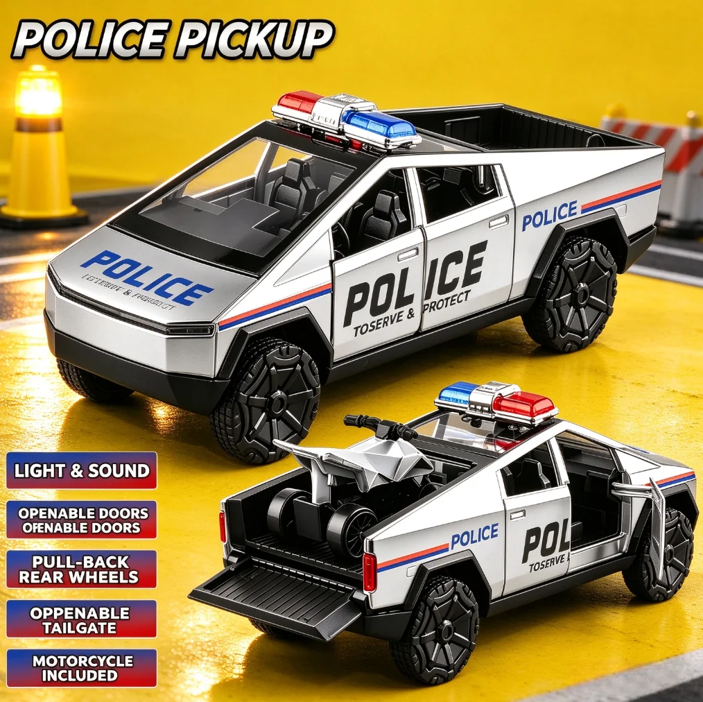 Future Style Police Pickup Diecast Alloy Set Pull Back Open Doors Mini All-Terrain Vehicle Replica Car Ornament Birthday Gift