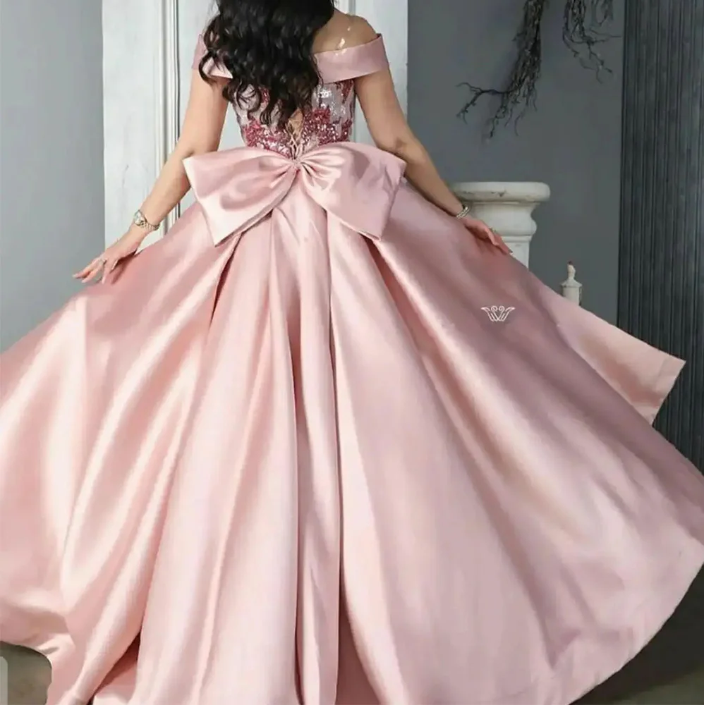 Straight  Off the Shoulder Satin Short Sleeves Photo Color Graceful and Formal Evening Dresses Panel Train Pleats Sequined Bow