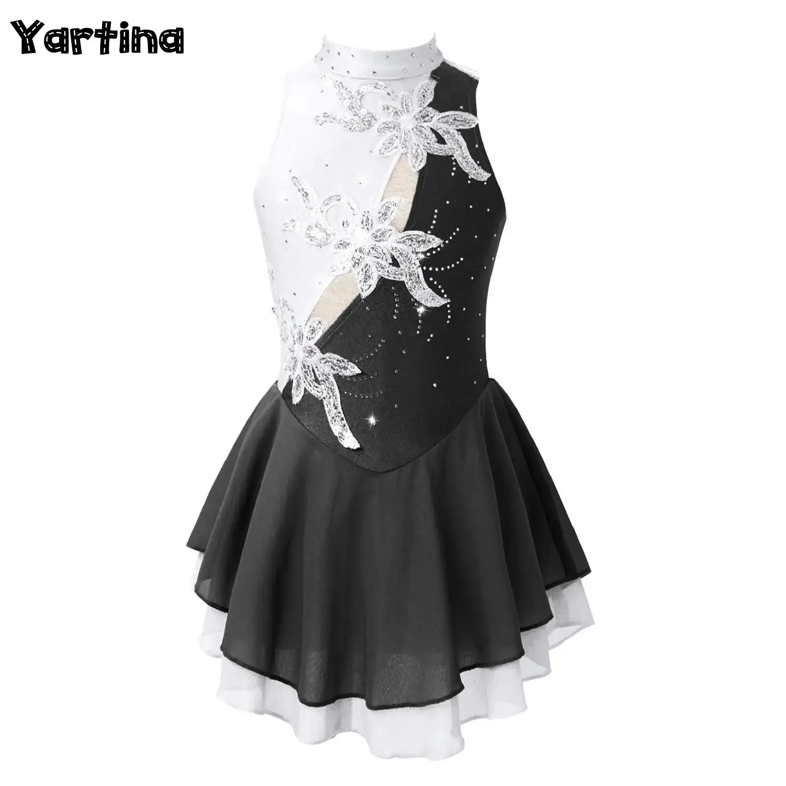 Girls Gymnastics Figure Skating Costume Ballet Lyrical Dance Dress Shiny Sequins Floral Hollow Back Tight Fitting Dance Dress