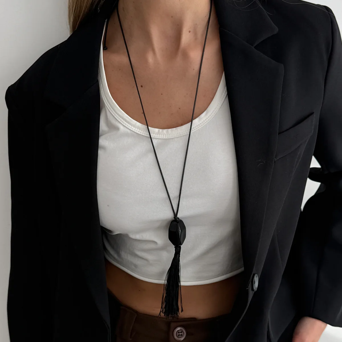KunJoe New Trendy Black Acrylic Geometry Pendant Necklace Women Simple Rope Chain Long Tassel Sweater Chain Fashion Jewelry Gift