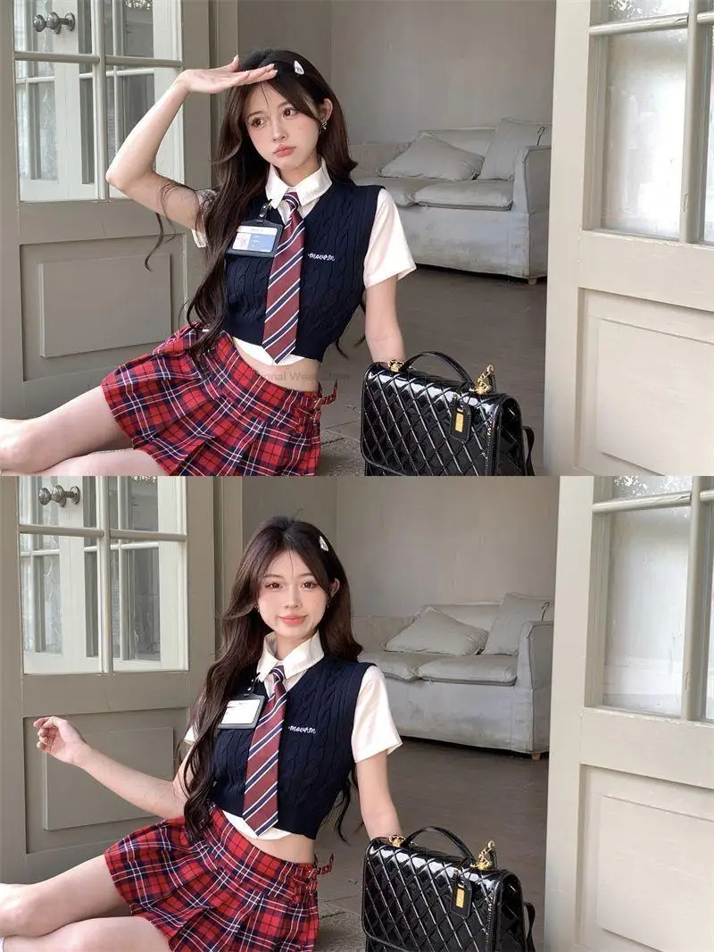 New Improved Fashion Style Girl High Waist Skirt Cosplay Japones Sailor Sweet Korea Imporved Fashion Y2k Style Uniform Jk Set