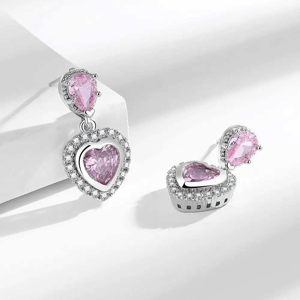 925 Sterling Silver Stylish Exquisite Pink Love Zircon Tassel Earrings Birthday Party Anniversary Gift