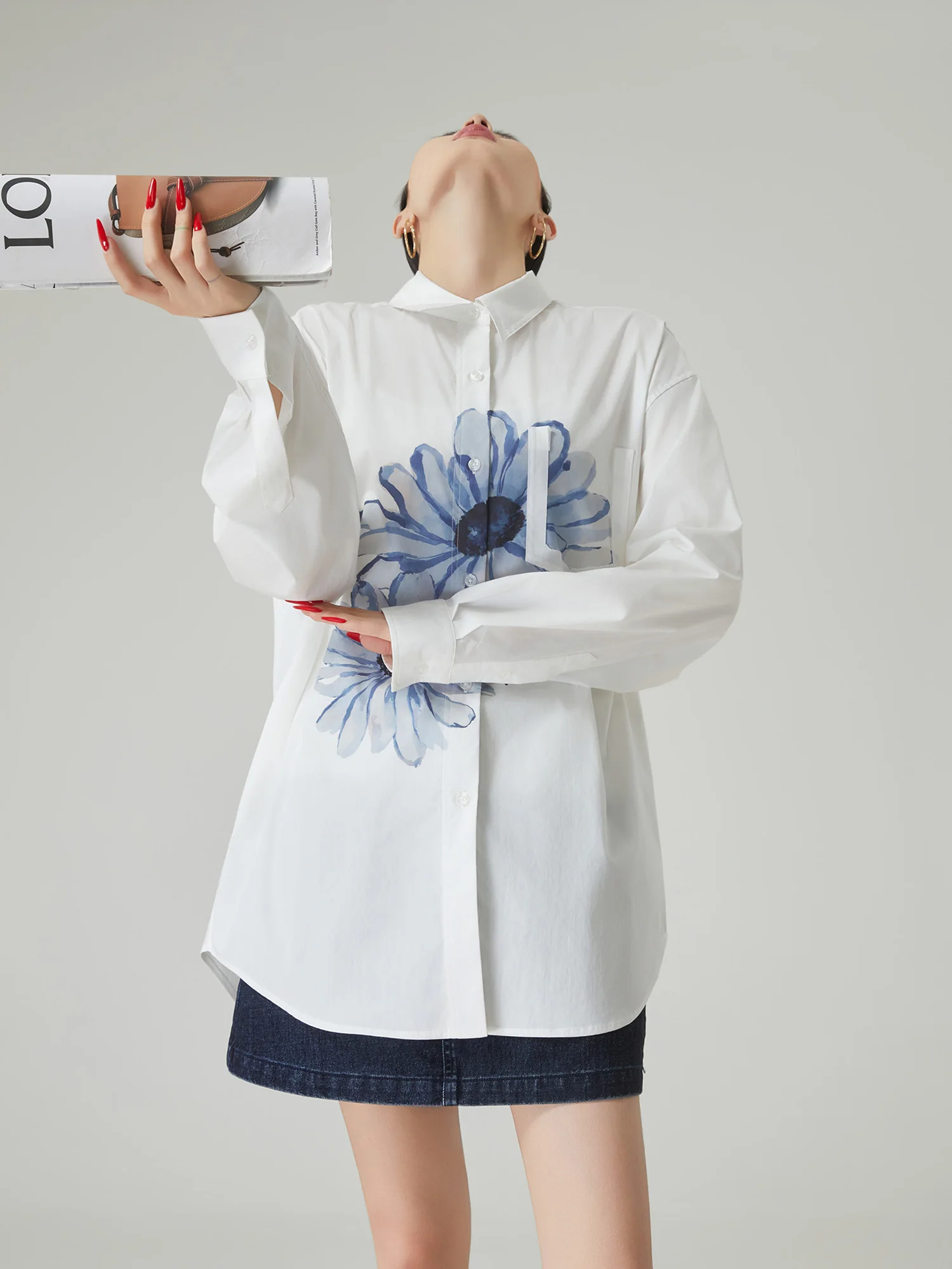 

Loose Long Sve Women's irt Korean Sle Daisy Print ket Decorative Blue Floral Polyester Fiber Casual Commute Top