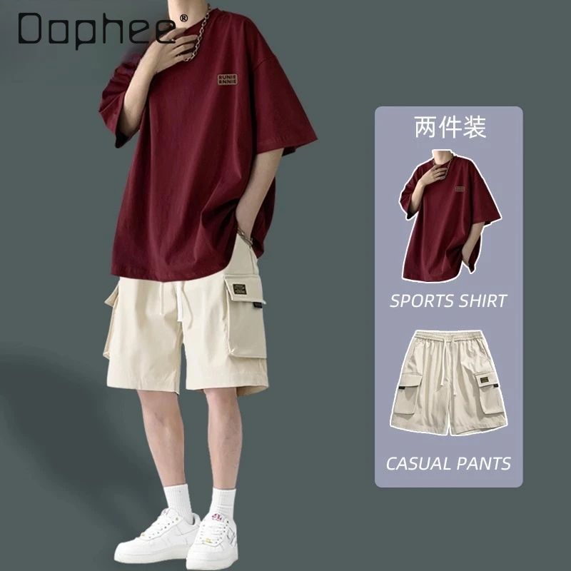 

2025 Summer Men's Black Red White Short Sleeve T-Shirt Top Khaki Shorts Loose Casual Half Sleeve Five-Point Shorts Two-Piece Set