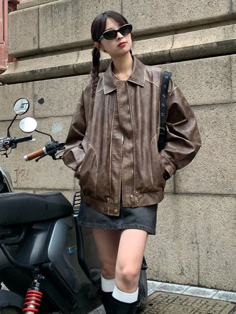 Vintage Short Leather Moto Jacket Winter Warm Women Loose Leather Suit Blazers Streetwear Female Fashion Korean Thin Biker Coats